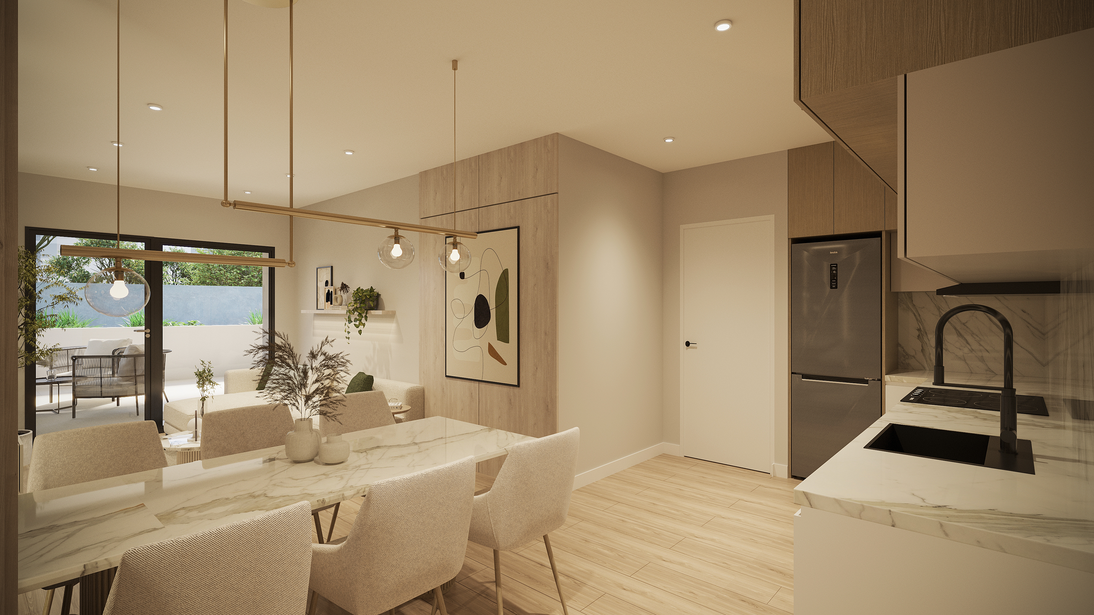 Salón luminoso con amplios ventanales y suelo de madera